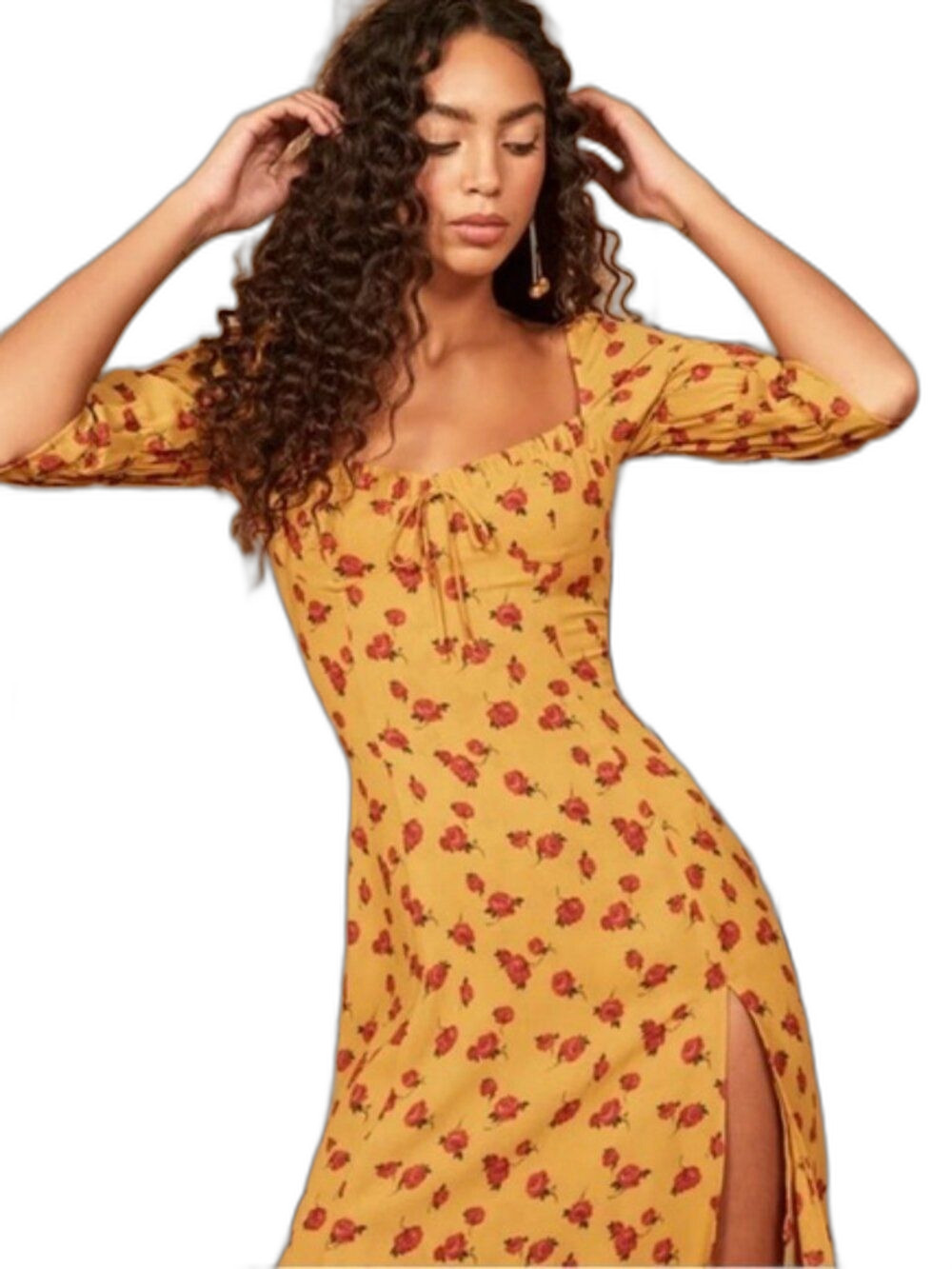 REFORMATION Marnie Dress Amelia Midi Yellow Gold Sz 6 Side Slit Flowy Floral